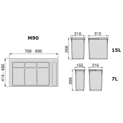 Emuca Contenitori per raccolta differenziata, 12 L+12 L+7 L+7 L, modulo 900 mm, Plastica, Grigio antracite, 4 u. + Base