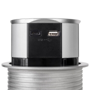 Emuca Multiconnettore Vertikal Push diametro 100mm, 3 spine di tipo Schuko, 1 USB tipo A, 1 USB tipo C, Acciaio e Tecnoplastica, Verniciato alluminio