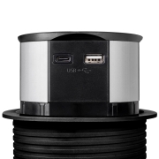 Emuca Multiconnettore Vertikal Push diametro 100mm, 3 spine di tipo Schuko, 1 USB tipo A, 1 USB tipo C, Acciaio e Tecnoplastica, Verniciato nero