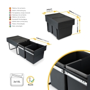Emuca Contenitore per la raccolta differenziata da montare sul fondo ed estraibile manualmente in cucina 2x15lt, Tecnopl