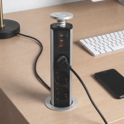 Emuca Multipresa estraibile Vertikal, 3 prese Schuko, 1 USB Tipo A, 2 USB Tipo C, Tecnoplastica e Alluminio, Grigio meta
