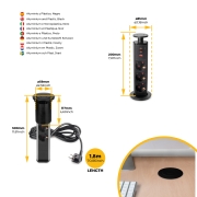 Emuca Multipresa estraibile Vertikal, 3 prese Schuko, 1 USB Tipo A, 2 USB Tipo C, Tecnoplastica e Alluminio, Grigio meta