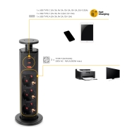 Emuca Multipresa estraibile Vertikal, 3 prese Schuko, 1 USB Tipo A, 2 USB Tipo C, Tecnoplastica e Alluminio, Grigio meta