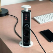 Emuca Multipresa estraibile Vertikal, 3 prese Schuko, 1 USB Tipo A, 2 USB Tipo C, Tecnoplastica e Alluminio, Verniciato bianco