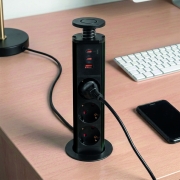 Emuca Multipresa estraibile Vertikal, 3 prese Schuko, 1 USB Tipo A, 2 USB Tipo C, Tecnoplastica e Alluminio, Verniciato nero