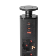 Emuca Multipresa estraibile Vertikal, 3 prese Schuko, 1 USB Tipo A, 2 USB Tipo C, Tecnoplastica e Alluminio, Verniciato nero