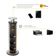 Emuca Multipresa estraibile Vertikal, 3 prese Schuko, 1 USB Tipo A, 2 USB Tipo C, Tecnoplastica e Alluminio, Verniciato nero
