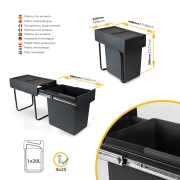 Emuca Recycle 1x20lt per il montaggio sul fondo e l'estrazione manuale in cucina, Tecnoplastica, Nera