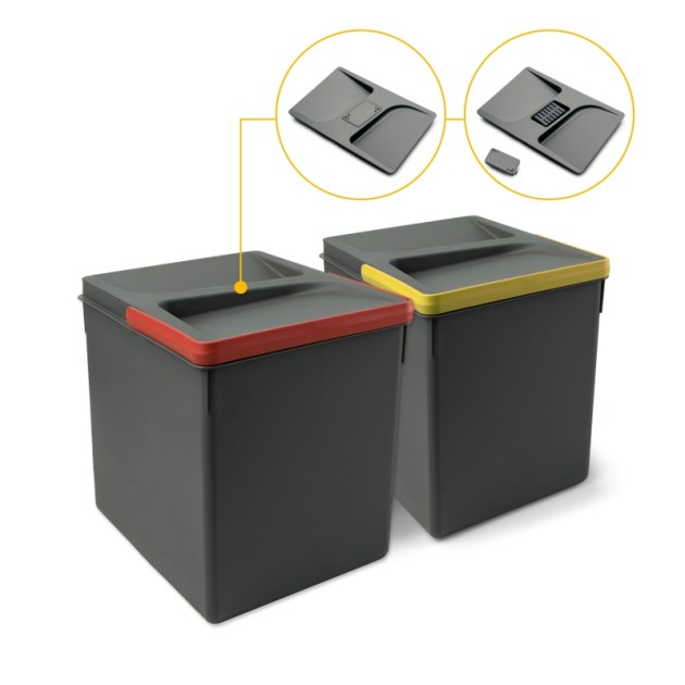 Contenitori per cassetti da cucina Recycle con coperchio anti-odore, Altezza 266, 2x15 lt, Grigio antracite Tecnoplastica