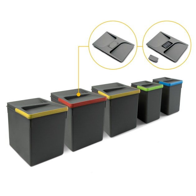 Contenitori per cassetti da cucina Recycle con coperchio anti-odore, Altezza 266, 3x15 lt, 2x7 lt, Grigio antracite Tecnoplastica