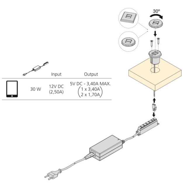 Emuca Connettore rotondo a incasso, 2 prese USB, D. 37 mm, Plastica, Grigio metallizzato