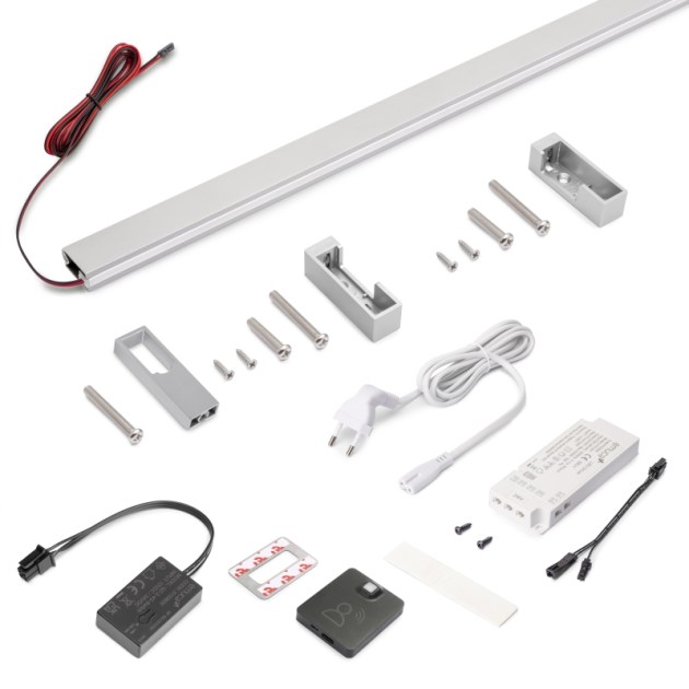 Emuca Kit barra per armadio Luxe, striscia LED 4,5x8 Neonlynx V, sensore di movimento RF Smart e convertitore Smart (24V DC), lunghezza 1.150mm, Luce Bianco calda 2.700K, Tecnoplastica e Alluminio, Anodizzato opaco