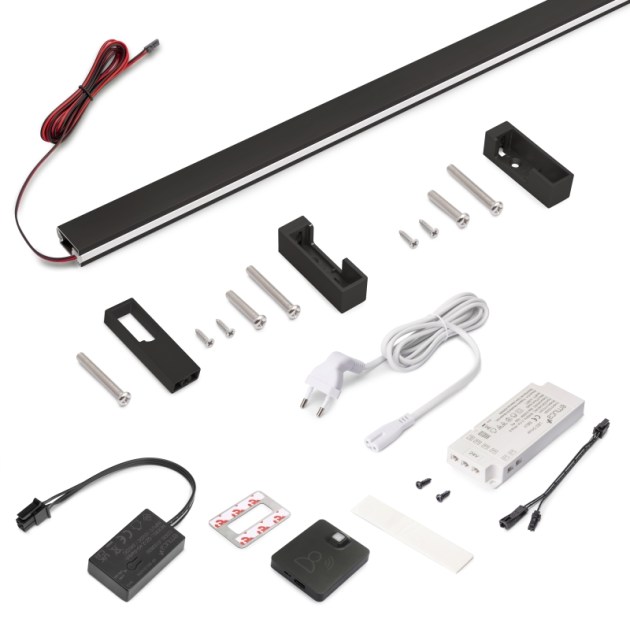 Emuca Kit barra per armadio Luxe, striscia LED 4,5x8 Neonlynx V, sensore di movimento RF Smart e convertitore Smart (24V DC), lunghezza 1.150mm, Luce Bianco calda 2.700K, Tecnoplastica e Alluminio, Nero testurizzato