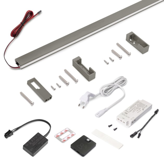Emuca Kit barra per armadio Luxe, striscia LED 4,5x8 Neonlynx V, sensore di movimento RF Smart e convertitore Smart (24V DC), lunghezza 1.150mm, Luce Bianco calda 2.700K, Tecnoplastica e Alluminio, Titanio