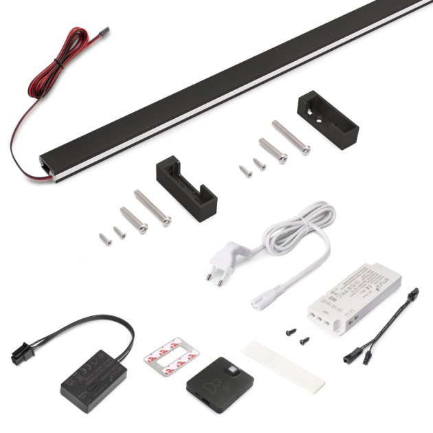 Emuca Kit barra per armadio Luxe, striscia LED 4,5x8 Neonlynx V, sensore di movimento RF Smart e convertitore Smart (24V DC), lunghezza 900mm, Luce Bianco calda 2.700K, Tecnoplastica e Alluminio, Nero testurizzato