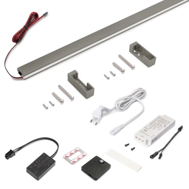 Emuca Kit barra per armadio Luxe, striscia LED 4,5x8 Neonlynx V, sensore di movimento RF Smart e convertitore Smart (24V DC), lunghezza 900mm, Luce Bianco calda 2.700K, Tecnoplastica e Alluminio, Titanio