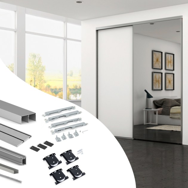 Emuca Kit di ferramenta per armadio 2 ante e chiusura ammortizzata Placard 74, Modello Maniglia Sharp, spessore 18 mm, pannelli non inclusi, Anodizzato opaco