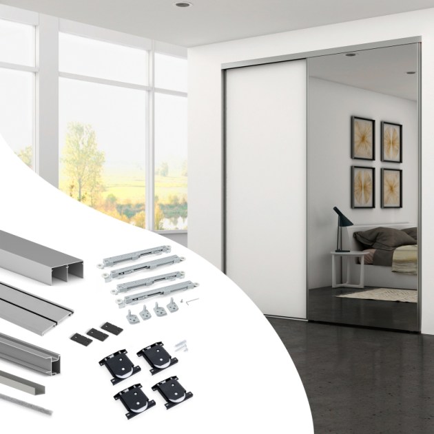 Emuca Kit di ferramenta per armadio 2 ante e chiusura ammortizzata Placard 74, Modello Maniglia Sharp, spessore 19 mm, pannelli non inclusi, Anodizzato opaco