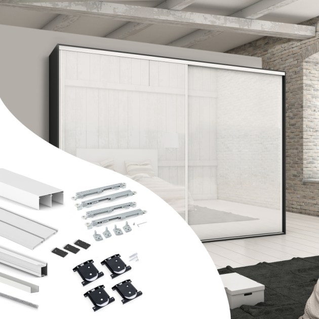 Emuca Kit di ferramenta per armadio 2 ante e chiusura ammortizzata Placard 74, Modello Maniglia Sharp, spessore 19 mm, pannelli non inclusi, Verniciato bianco