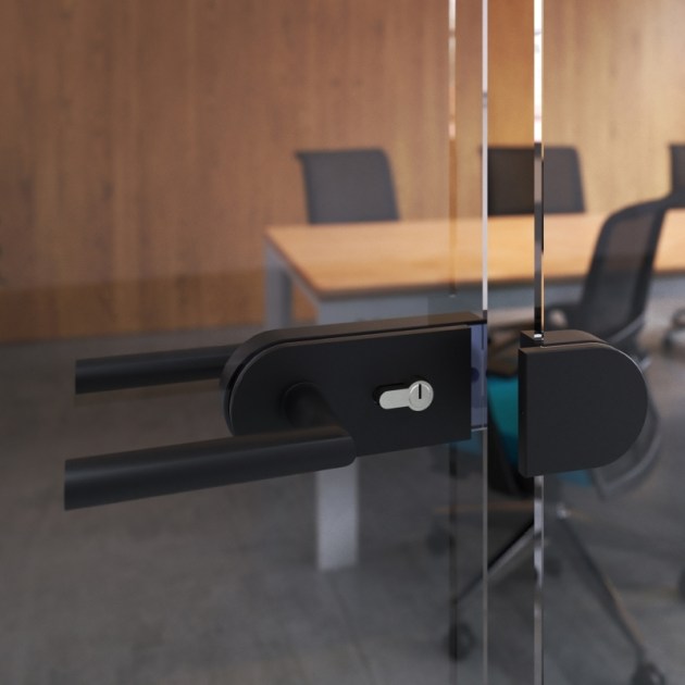 Emuca  Kit serratura e riscontro per porte a doppio vetro, scrocco orizzontale per porta in vetro 8-12mm, acciaio e alluminio, verniciato nero