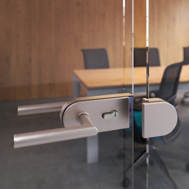 Emuca Kit serratura e riscontro per porte a doppio vetro, scrocco orizzontale per porta in vetro 8-12mm, acciaio, finitura inox