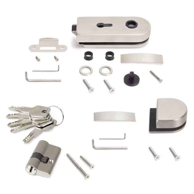 Emuca Kit serratura e riscontro per porte a doppio vetro, scrocco orizzontale per porta in vetro 8-12mm, acciaio, finitura inox