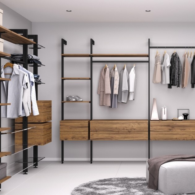 Emuca Kit Zero di supporti per mensole in legno e barra appendiabiti, Nero testurizzato