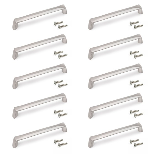 Emuca Lotto di 10 maniglie per mobili Canton, L142mm, interasse 128mm, Zama, Nichel satinato
