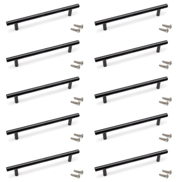 Emuca Lotto di 10 maniglie per mobili Orlando, L210mm, interasse 160mm, Acciaio, Verniciato nero