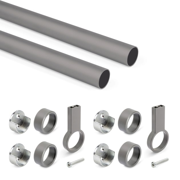 Emuca Lotto di 2 tubi appendiabiti rotondi D.28mm per armadi lunghezza 1,15m con reggitubi, Alluminio e Zama, Titanio
