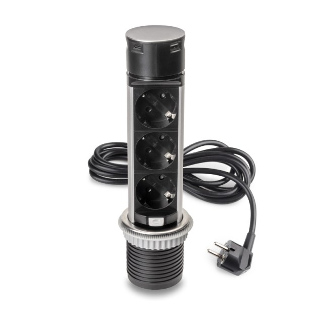 Emuca Multiconnettore estraibile Vertikal Push 60, diametro 60 mm, 3 prese Schuko, 1 USB tipo A, 1 USB tipo C, Acciaio e Tecnoplastica, Acciaio inossidabile