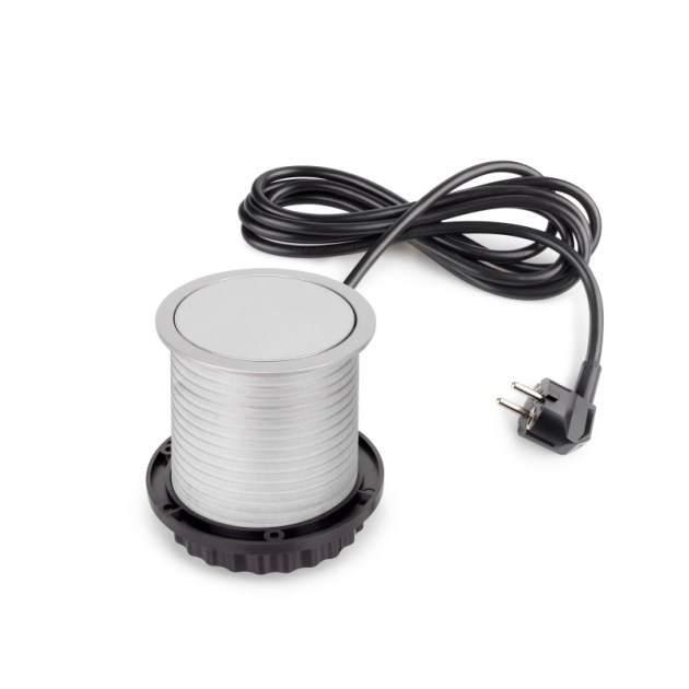 Emuca Multiconnettore Vertikal Push diametro 100mm, 3 spine di tipo Schuko, 1 USB tipo A, 1 USB tipo C, Acciaio e Tecnoplastica, Verniciato alluminio