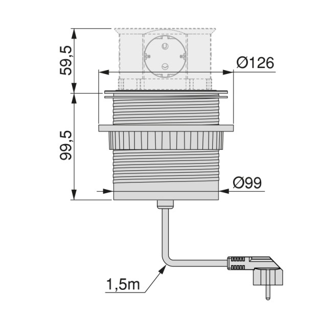 Emuca Multiconnettore Vertikal Push diametro 100mm, 3 spine di tipo Schuko, 1 USB tipo A, 1 USB tipo C, Acciaio e Tecnoplastica, Verniciato alluminio