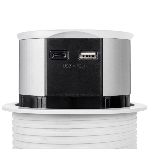 Emuca Multiconnettore Vertikal Push diametro 100mm, 3 spine di tipo Schuko, 1 USB tipo A, 1 USB tipo C, Acciaio e Tecnoplastica, Verniciato bianco