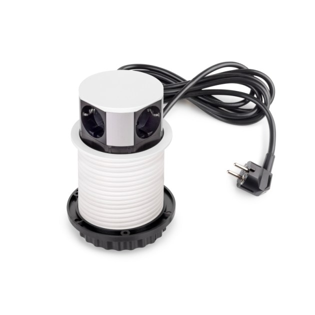 Emuca Multiconnettore Vertikal Push diametro 100mm, 3 spine di tipo Schuko, 1 USB tipo A, 1 USB tipo C, Acciaio e Tecnoplastica, Verniciato bianco