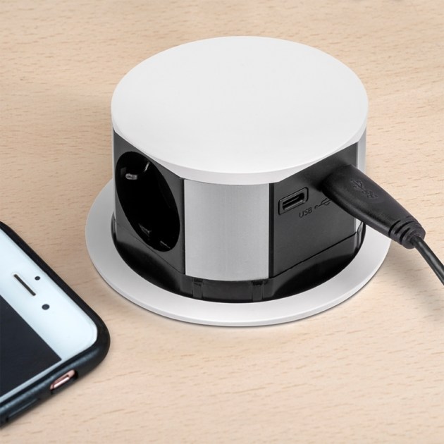 Emuca Multiconnettore Vertikal Push diametro 100mm, 3 spine di tipo Schuko, 1 USB tipo A, 1 USB tipo C, Acciaio e Tecnoplastica, Verniciato bianco