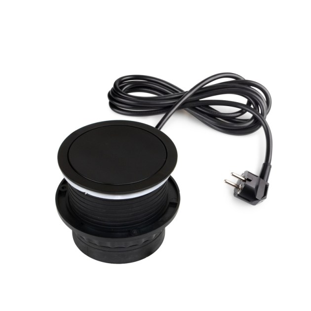 Emuca Multiconnettore Vertikal Push diametro 100mm, 3 spine di tipo Schuko, 1 USB tipo A, 1 USB tipo C, Acciaio e Tecnoplastica, Verniciato nero