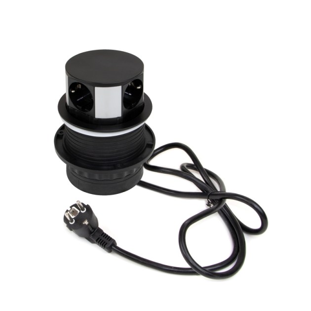 Emuca Multiconnettore Vertikal Push diametro 100mm, 3 spine di tipo Schuko, 1 USB tipo A, 1 USB tipo C, Acciaio e Tecnoplastica, Verniciato nero