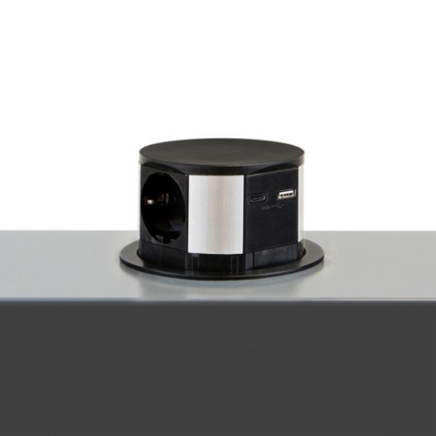 Emuca Multiconnettore Vertikal Push diametro 100mm, 3 spine di tipo Schuko, 1 USB tipo A, 1 USB tipo C, Acciaio e Tecnoplastica, Verniciato nero