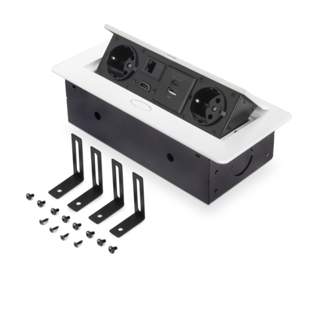 Emuca Multipresa Atom 26 A+C per scrivania, EU, Verniciato bianco, Acciaio e Tecnoplastica e Zama, 1 u.