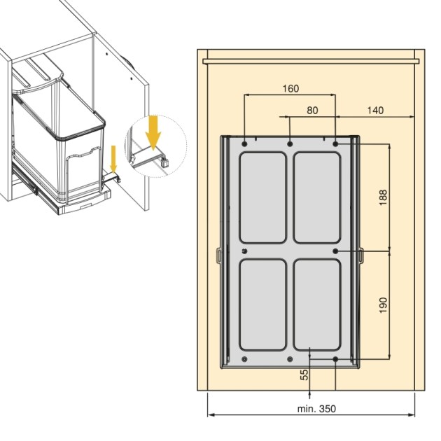 Emuca Pattumiera per differenziata Recycle da cucina, 24 L, fissaggio sul fondo ed estrazione manuale, Tecnoplastica grigio antracite