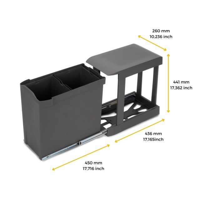 Emuca Pattumiere per raccolta differenziata per cucina, 2 x 14L, fissaggio inferiore, estrazione automatica, Acciaio e Tecnoplastica, Grigio antracite
