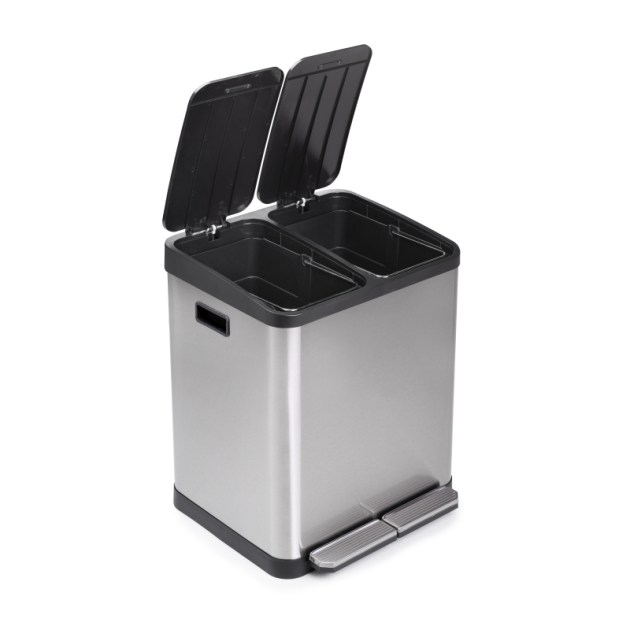 Emuca Recycle Inox, contenitore per la raccolta differenziata da esterno con scomparti, apertura del coperchio con pedali, 2x15lt, Acciaio inossidabile