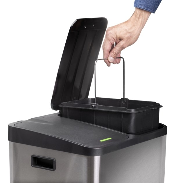 Emuca Recycle Inox, contenitore per la raccolta differenziata da esterno con scomparti, apertura del coperchio con pedali, 2x15lt, Acciaio inossidabile