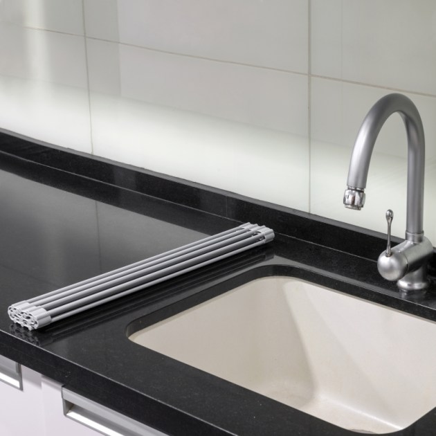 Emuca Scolapiatti in acciaio e silicone flessibile, Plastica grigia, Acciaio e Tecnoplastica