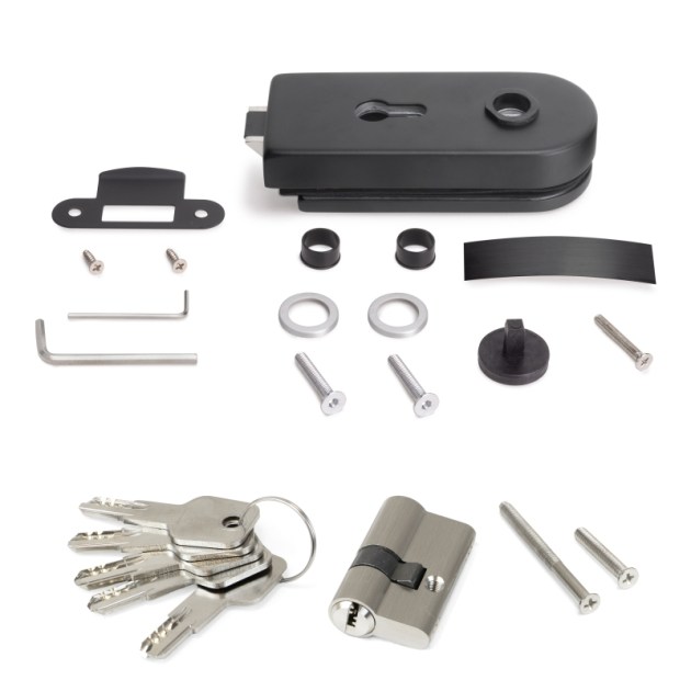 Emuca Serratura per porta in vetro con telaio in legno, Cilindro con chiavi, per porta in vetro 8-12mm, acciaio e alluminio, verniciato nero