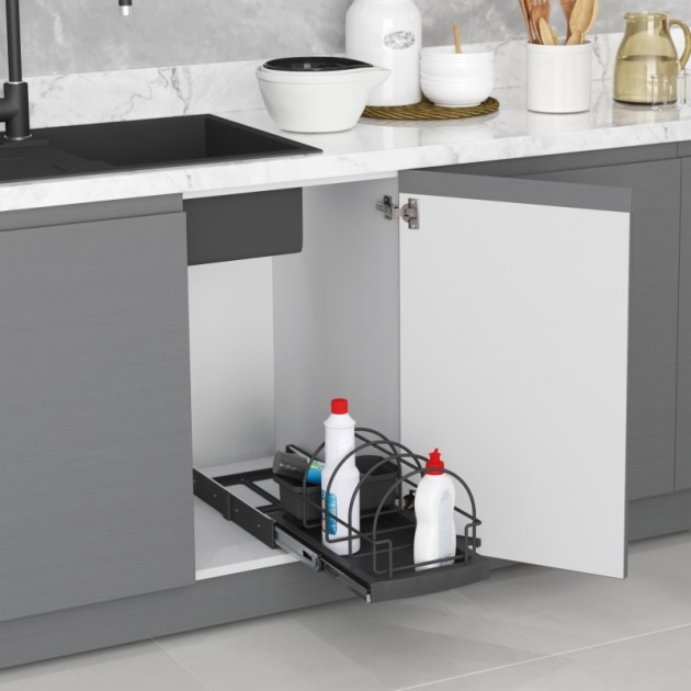 Emuca Vassoio per accessori da cucina, fissaggio sul fondo ed estrazione manuale, Plastica grigio antracite, 1 un