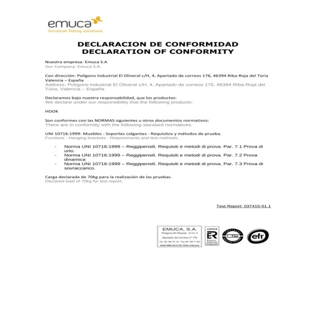 Emuca Reggipensile per moduli alti Hook, Plastica grigia, Acciaio e Tecnoplastica