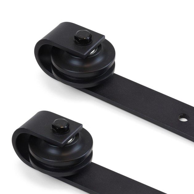 Emuca Sistema Barn per ante scorrevoli in legno sospese, Con chiusura soft, Verniciato nero, Acciaio e Tecnoplastica