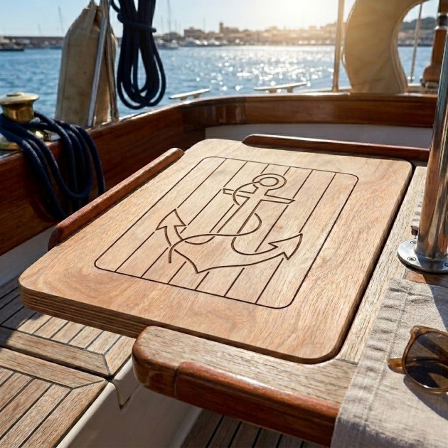 Piano Tavolo Nautico in Legno di Okoumè Naturale con incisione Ancora